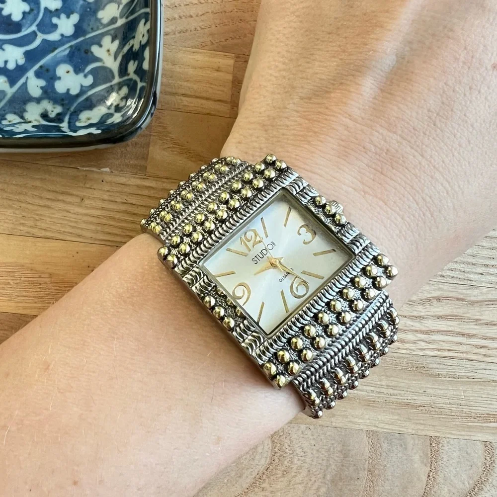 Studio time ladies two-tone hinged cuff bracelet watch NEW BATTERY